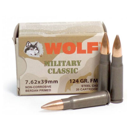 Wolf Military Classic 7.62x39mm Ammunition 1000 Rounds 124 Grain Bi-Metal FMJ Steel Cased 2330 fps